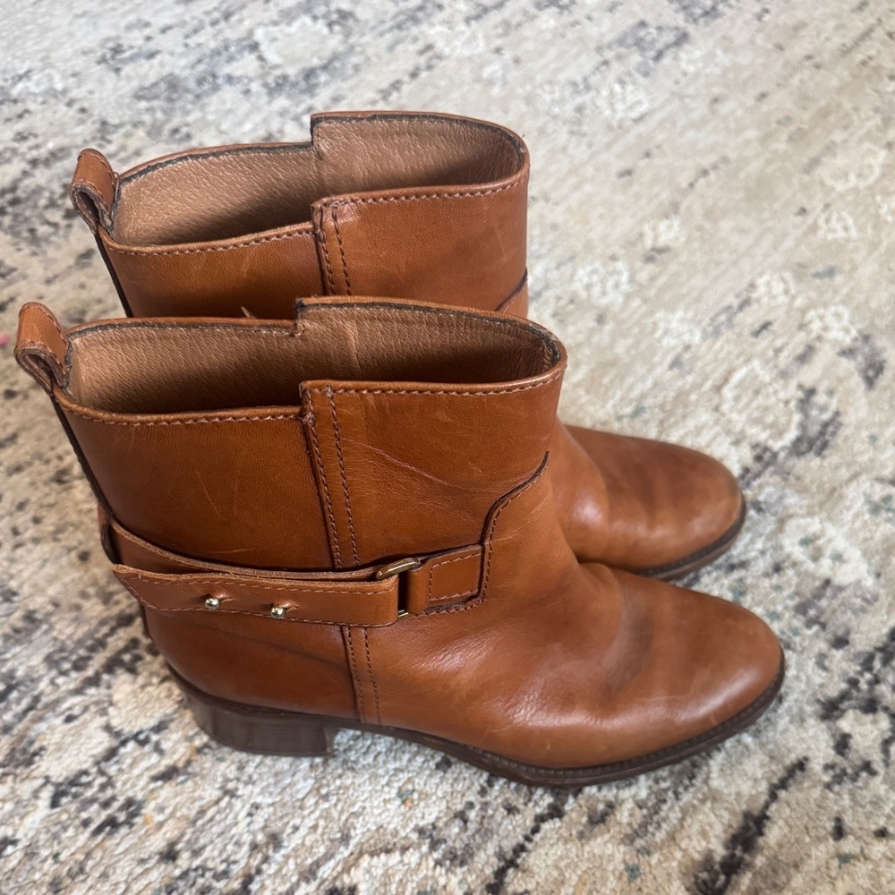 J Crew Parker cognac leather classic brown low heel ankle boots size 6 - Picture 12 of 13